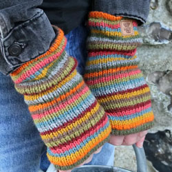 Pachamama Grassington Handwarmer fingerless gloves, earthy stripes design, handknitted, 100% wool, fleece lined.
