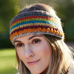 Pachamama Knitwear Grassington Headband ear warmer features brightly coloured earthy stripes using 100% Wool, fleece lined.