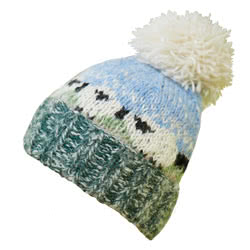 Pachamama Knitwear Hazy Sheep Bobble Beanie hat, handknitted, using wool and mohair, with a Sherpa fleece lining and white bobble pompom finish.