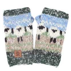 Pachamama Knitwear Hazy Sheep Handwarmer, mohair-wool blend fingerless gloves, with sherpa fleece lining and white sheep farm animal pattern.