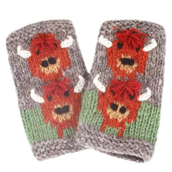 Pachamama Knitwear Herd of Highland Cow Handwarmer fingerless gloves, featuring a highland cow animal pattern, handknitted, 100% wool, fleece lined.