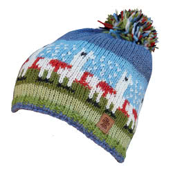 Pachamama Knitwear Herd of Llama Bobble Beanie hat featuring llamas on a background of green & blue, 100% wool, fleece lined.