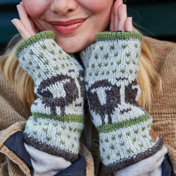 Pachamama Knitwear Herdwick Sheep Handwarmer Oatmeal fingerless gloves featuring Herdwick sheep patterns on an oatmeal background, 100% wool.