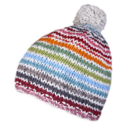 Pachamama Knitwear Hoxton Bobble Beanie Hat, hand knitted, made from 100% wool with 
a fleece lining. Coming with a mix of brightly coloured stripes on a natural oatmeal background.