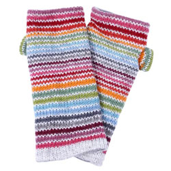 Pachamama Knitwear Hoxton Stripe Handwarmer fingerless gloves, featuring rows of rainbow stripes, handknitted, 100% wool, fleece lined.
