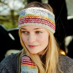 Pachamama Knitwear Hoxton Stripe ear warmers features a soft rainbow pattern on an oatmeal background, 100% Wool, fleece lined.