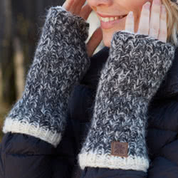 Pachamama Knitwear Kielder Handwarmer  Charcoal fingerless gloves, hand knitted mohair and wool blend with sherpa fleece lining.