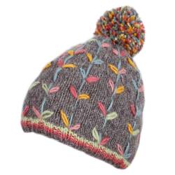 Pachamama Kylemore Bobble Beanie Grey Hat featuring delicately embroidered leaf patterns, 100% Wool, fleece lined.