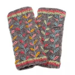 Pachamama Knitwear Kylemore Grey Handwarmer fingerless gloves, embroidered with leaf patterns, 100% wool, fleece lined.