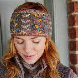 Pachamama Knitwear Kylemore Headband Grey featuring colourful, embroidered leaf patterns, 100% Wool, fleece lined.