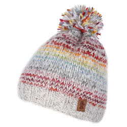 Pachamama Knitwear Langtang Bobble Beanie Multi, handknitted, 100% wool with a fleece lining. Featuring an oatmeal background covered in multi-coloured thin rainbow stripes.