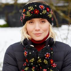 Pachamama Knitwear Lugano Headband features vibrant hand embroidered flowers, 100% wool, fleece lined.