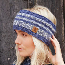 Pachamama Knitwear Montauk Headband featuring blue and white fairisle patterns, 100% wool, cotton jersey lining.
