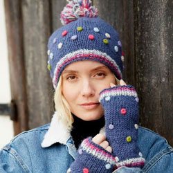 Pachamama Knitwear Montpellier Bobble Beanie Denim, handknitted Beanie hats made from 100% wool with a fleece lining, the textured dots are made with multicoloured French knots.