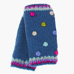 Pachamama Knitwear Denim Montpellier Handwarmer fingerless gloves, featuring textured dots made with multicoloured French knots, 100% wool, fleece lined.