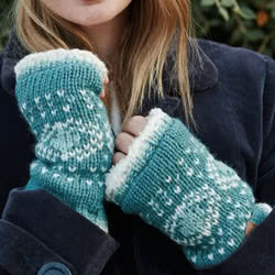 Pachamama Knitwear Pentle Bay Handwarmer fingerless gloves, featuring floral fair-isle patterns, handknitted, 100% wool, fleece lined.