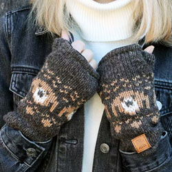 Pachamama Knitwear Pooch Dog Handwarmer Bark fingerless gloves, features a bark-brown background with a row of knitted pooch heads.