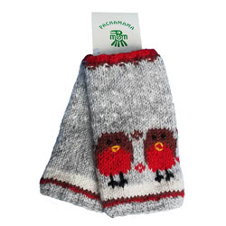 Pachamama Knitwear Robin Handwarmer fingerless gloves, featuring Red Robin patterns on grey background, handknitted, 100% wool, fleece lined.