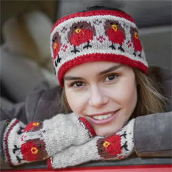Pachamama Knitwear Robin Headband ear warmers featuring a row of red robins on a grey-blue background, 100% wool, fleece lined.