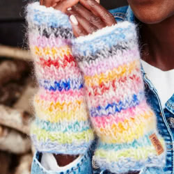 Pachamama Knitwear San Francisco Handwarmer fingerless gloves, handknitted in a wool-mohair blend, sherpa fleece lined