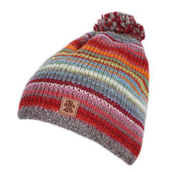 Pachamama Seville Bobble Beanie Hat featuring brightly coloured bands, 100% Wool, fleece lined.