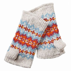 Pachamama Knitwear Oatmeal Shetland Handwarmer fingerless gloves, featuring contemporary FairIsle pattern, handknitted, 100% wool, fleece lined.