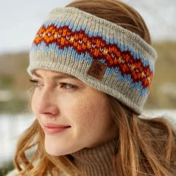 Pachamama Knitwear Headband Oatmeal, based on a modern take on the traditional Fair-Isle patterns, 100% wool, fleece lined.