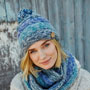 Pachamama Knitwear Sierra Nevada Bobble Beanie Blue wearing