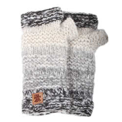 Pachamama Knitwear Sierra Nevada Handwarmer Smoke fingerless gloves, featuring subtle neutral tones in a wool & mohair blend, fleece lined.