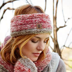Pachamama Knitwear Sierra Nevada Headband Red Earth ear warmer, features red over brown patterns mixed with cream, Wool- Mohair Blend, fleece lined.