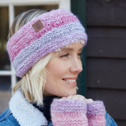 Pachamama Knitwear Sierra Nevada Headband Pink ear warmer, features blue & teal patterns mixed with cream, Wool-Mohair Blend, fleece lined.