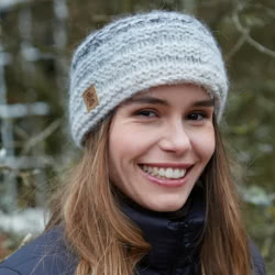 Pachamama Knitwear Sierra Nevada Headband Smoke ear warmers, using a mohair-wool blend in rows of grey & cream, fleece lined.