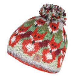Pachamama Knitwear Skulk of Foxes Bobble Beanie, handknitted, made from 100% wool with a 
fleece lining coming with a red fox pattern and finished with a multi-coloured bobble pompom.
