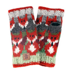 Pachamama Knitwear Skulk of Foxes Handwarmer fingerless gloves, featuring a red fox animal pattern, handknitted, 100% wool, fleece lined.