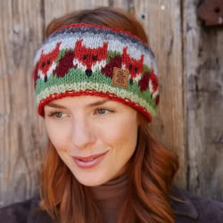 Pachamama Knitwear Skulk of Foxes Headband ear warmers, features a red fox animal pattern, 100% Wool, fleece lined. 