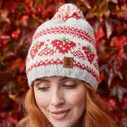 Pachamama Knitwear Strawberry Bobble Beanie, handknitted, 100% wool with a partial Sherpa fleece lining for extra warmth and comfort.