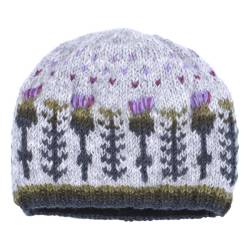 Pachamama Knitwear Thistle Beanie hat featuring hand-knitted thistles on a light-grey background, 100% wool, fleece lined.