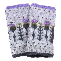 Pachamama Knitwear Thistle Handwarmer fingerless gloves, featuring hand embroidered thistles patterns, 100% wool, fleece lined.