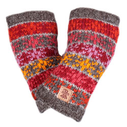 Pachamama Knitwear Tintagel Handwarmer fingerless gloves, featuring bands of fine knitted stars in earthy colours, 100% wool, fleece lined.