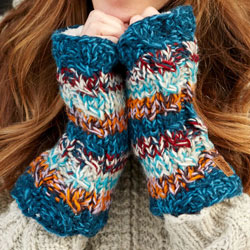 Pachamama Knitwear Utrecht Handwarmer Blue fingerless gloves featuring teal, orange & red bands, handknitted, 100% wool, fleece lined.
