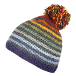 Pachamama Knitwear Vancouver Bobble Beanie Earth hat featuring rainbow style stripes, 100% wool, fleece lined.