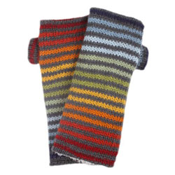 Pachamama Knitwear Vancouver Wristwarmer fingerless gloves featuring a rainbow stripe design, handknitted, 100% wool, fleece lined.