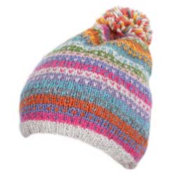Pachamama Knitwear Villarica Bobble Beanie, handknitted using 100% wool with a fleece lining, coming in a pastel, fairisle stripes pattern.