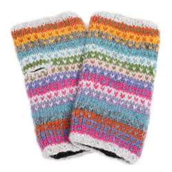 Pachamama Knitwear Villarica Handwarmer fingerless gloves, featuring heart dotted stripes pattern, 100% wool with a fleece lining.