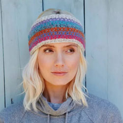 Pachamama Knitwear Villarica Headband earwarmer, features brightly coloured dotty stripes with an oatmeal edging, 100% Wool, fleece lined.