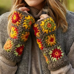 Pachamama Knitwear Woodstock Handwarmer Earth fingerless gloves, hand crocheted flower squares in earthy tones, 100% wool, fleece lined.