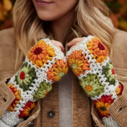 Pachamama Knitwear Woodstock Oatmeal Handwarmer fingerless gloves, featuring flower squares over an oatmeal background, handknitted, 100% wool, fleece lined.
