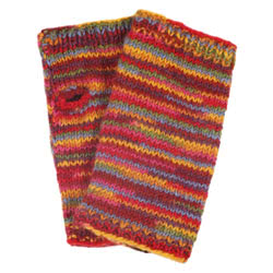 Pachamama Knitwear Zanzibar Handwarmer fingerless gloves unlined, featuring colourful red & orange stripes, 100% wool.