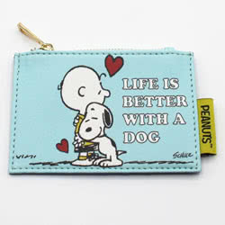 Introducing Peanuts Life is better with a Dog Zip Purse. Coming in pale blue PVC,  featuring an illustration of Charlie Brown and Snoopy hugging next to the words Life is better with a Dog. On the back you will find contrasting dark blue PVC card slots 