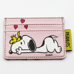Peanuts Love Card Holder. An adorable zip purse featuring Snoopy and Woodstock! Coming in pale pink PVC, it features an illustration of Snoopy lying down with Woodstock sat on his head. On the back is a playful repeat pattern of both characters. With card